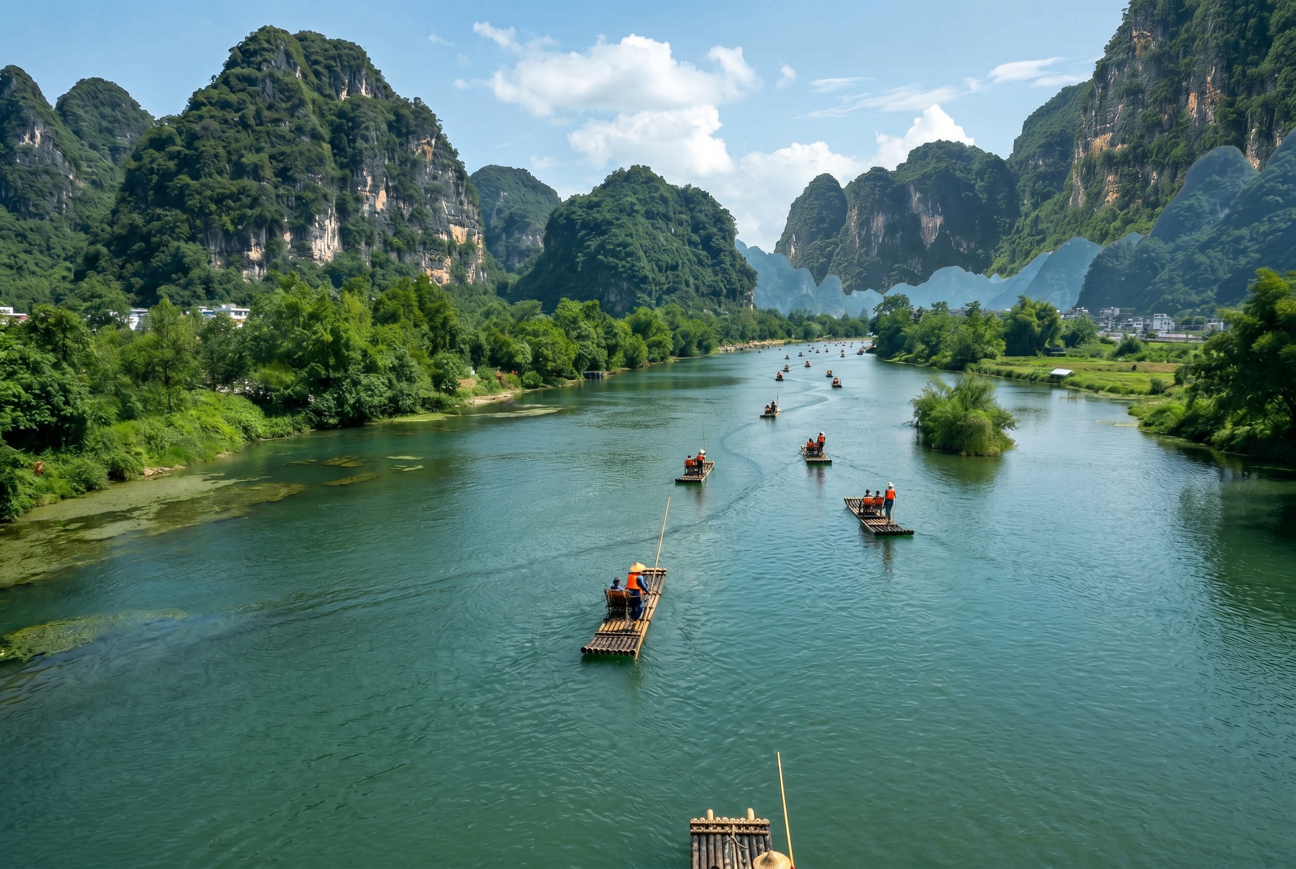 Li River karst peaks with bamboo rafts